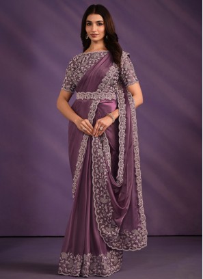 Satin Embroidered Purple Classic Saree