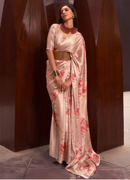 Satin Floral Print Printed Saree in Peach