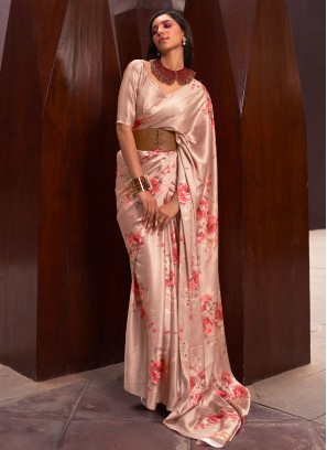 Satin Floral Print Printed Saree in Peach