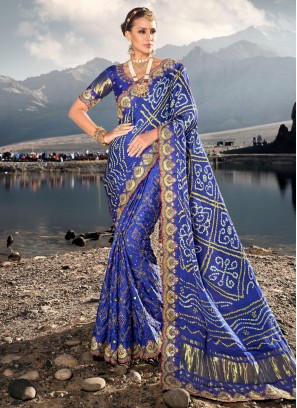 Satin Moti Blue Trendy Saree