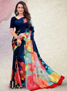 Satin Multi Colour Printed Contemporary Style Saree