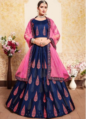 Satin Navy Blue Thread Designer Lehenga Choli