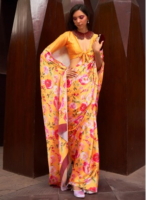 Satin Orange Floral Print Trendy Saree