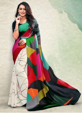 Satin Printed Saree in Multi Colour