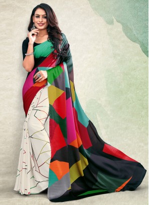 Satin Printed Saree in Multi Colour
