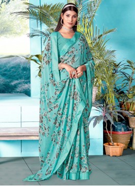 Satin Printed Saree in Turquoise
