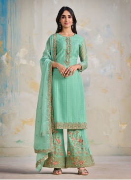 Satin Sea Green Palazzo Salwar Kameez