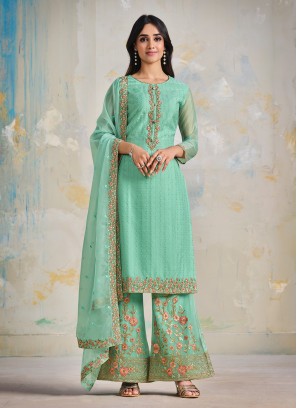 Satin Sea Green Palazzo Salwar Kameez
