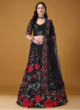 Satin Silk A Line Lehenga Choli in Black