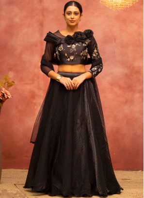 Satin Silk Black Plain Lehenga Choli