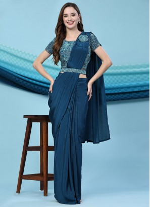 Satin Silk Blue Embroidered Trendy Saree