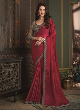 Satin Silk Border Classic Saree in Red
