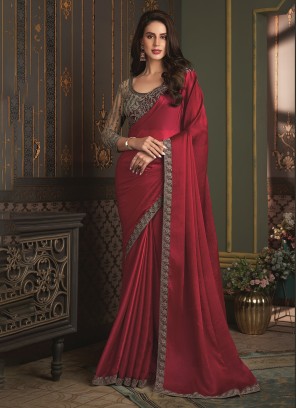 Satin Silk Border Classic Saree in Red