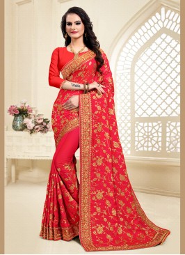 Satin Silk Classic Designer Saree in Red