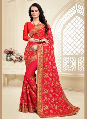 Satin Silk Classic Designer Saree in Red