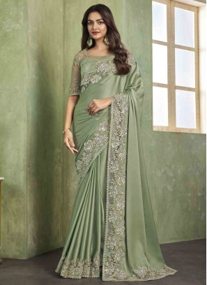 Satin Silk Embroidered Contemporary Saree in Green
