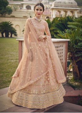 Satin Silk Embroidered Pink A Line Lehenga Choli