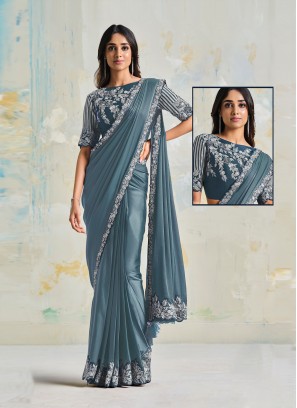 Satin Silk Embroidered Trendy Saree in Grey