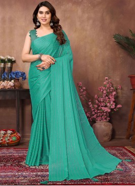 Satin Silk Firozi Mukaish Classic Saree