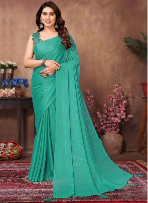 Satin Silk Firozi Mukaish Classic Saree