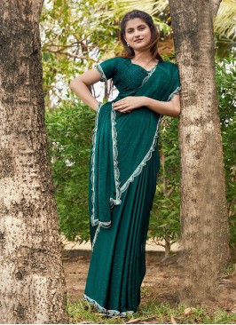 Satin Silk Green Stone Contemporary Style Saree