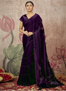 Satin Silk Purple Embroidered Classic Saree