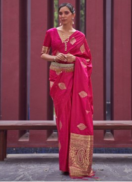 Satin Silk Rani Weaving Contemporary Saree