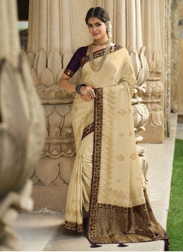 Satin Silk Saree in Cream