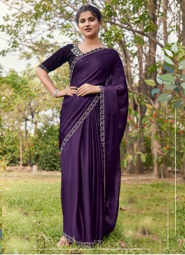 Satin Silk Stone Classic Saree in Purple