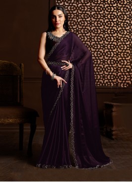 Satin Silk Stone Work Wine Saree