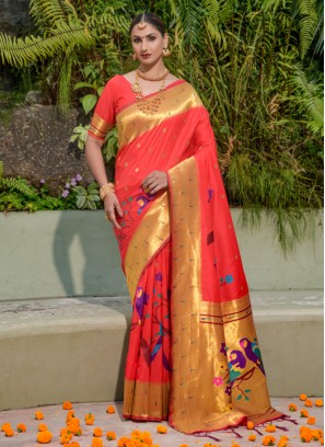 Satin Silk Traditional Saree in Orange