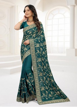 Satin Silk Traditional Saree in Teal