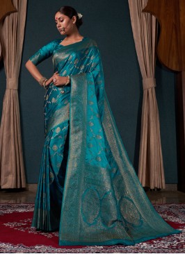 Satin Silk Zari Teal Designer Saree