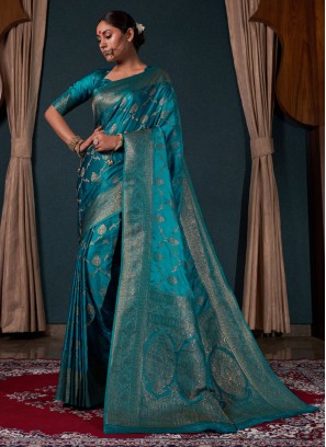 Satin Silk Zari Teal Designer Saree