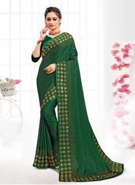 Satin Stone Designer Saree in Green