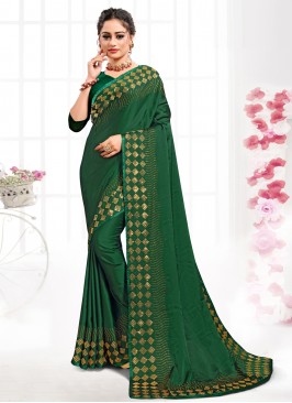 Satin Swarovski Classic Saree in Green