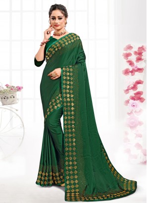 Satin Swarovski Classic Saree in Green