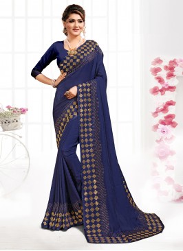 Satin Swarovski Navy Blue Designer Saree