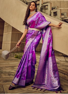 Satin Violet Woven Classic Saree