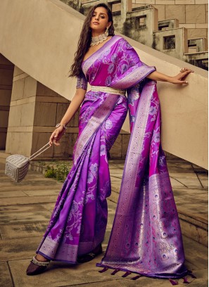 Satin Violet Woven Classic Saree