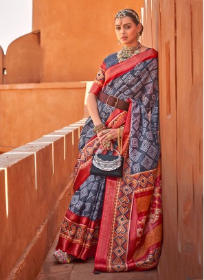 Savory Foil Print Blue Contemporary Saree