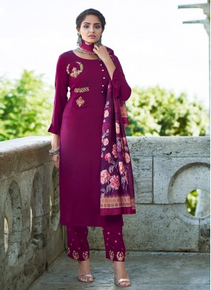 Savory Rayon Embroidered Purple Straight Salwar Suit