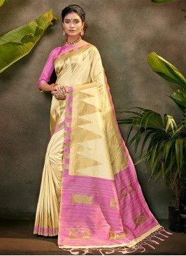 Savory Woven Silk Cream and Lavender Trendy Saree