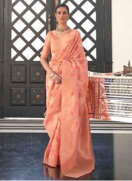 Scintillating Organza Weaving Peach Trendy Saree