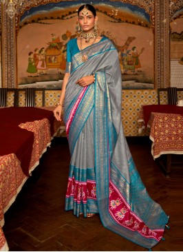 Scintillating Weaving Blue and Grey Patola Silk  Contemporary Saree