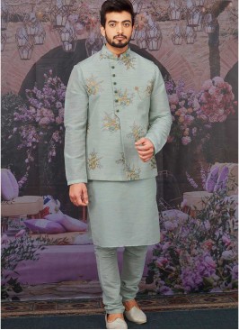 Sea Blue Color Mens Kurta In Banarasi Silk