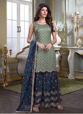 Sea Green And Blue Color Georgette Sharara Suit