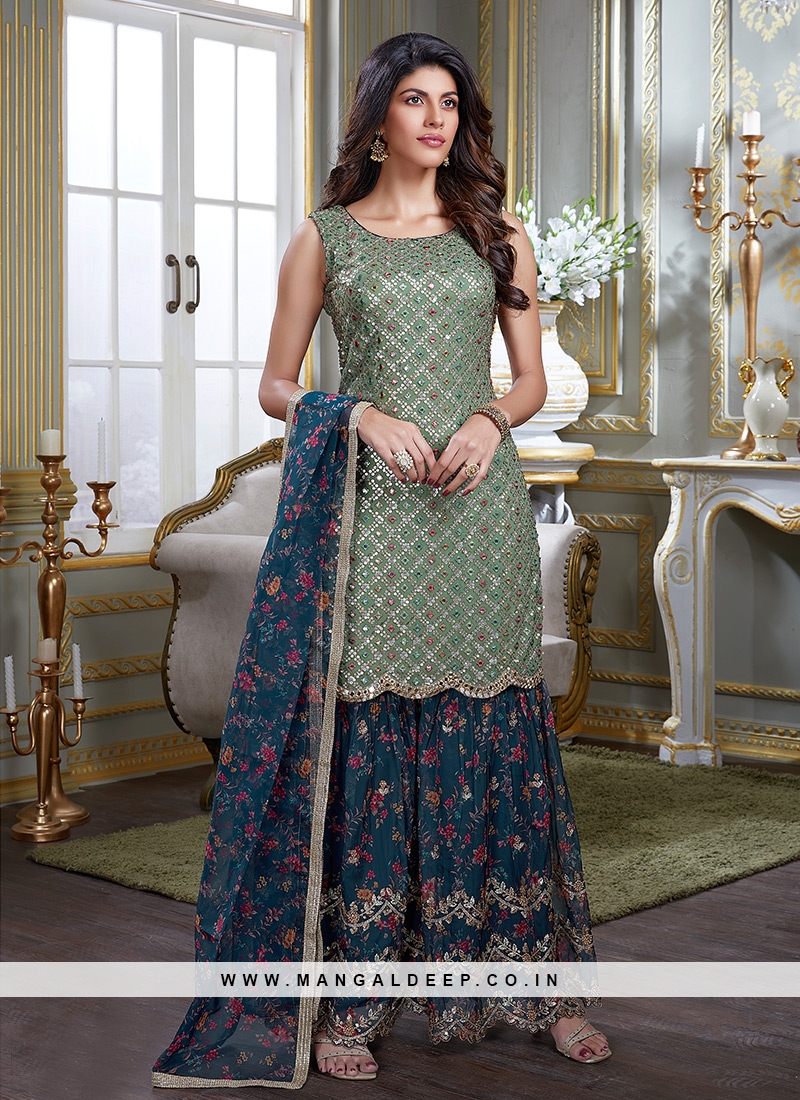 Sea Green And Blue Color Georgette Sharara Suit