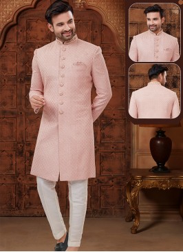 Dusty Peach and Cream Georgette Indo-Western Ensemble with Sequence work.