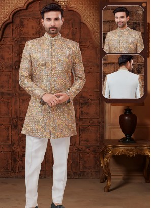 Cream and Off White Lucknowie whth Abla and Thread work Indo-Western Ensemble.